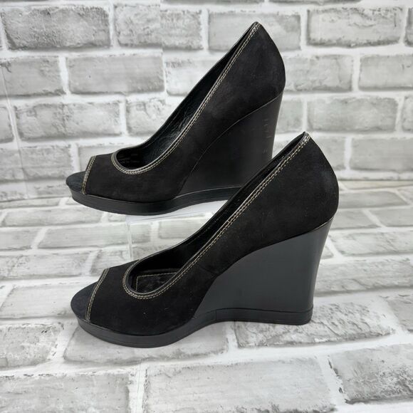 Coach Tabby Peep Toe  Classic Coach Logo Heels Pumps Size 8.5 Wood Wedge - Picture 3 of 10